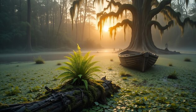 Mystical Southern Swamp at Sunrise with Old Wooden Rowboat Floating on Green Duckweed Moss Covered Water Near Giant Cypress Tree with Spanish Moss and Vibrant Sun Flare Forest Background