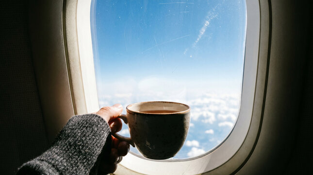 Hand holding a cup of hot tea or coffee by an airplane window with a beautiful scenic view of blue sky and white clouds during a flight journey. Concept of relaxing travel, wanderlust, and comfort.