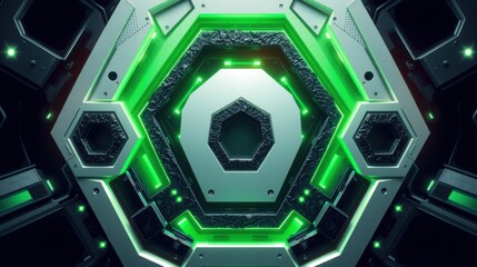 Obraz premium Futuristic tunnel, hexagonal patterns, glowing neon green lights. Metallic surfaces create depth, symmetry dominates composition.