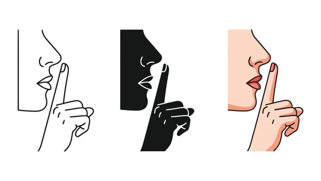 Womans face and hand gesture for silence, illustration in three styles