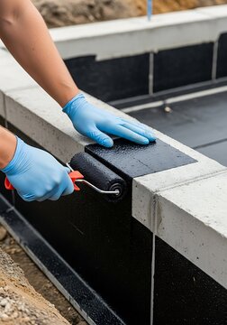 Worker applying black waterproofing bitumen on concrete foundation with a roller