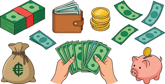 Money and Financial Savings Elements Collection Featuring Cash Wallet Coins Piggy Bank Currency Notes Wealth Symbols and Banking Finance Vector Illustration Set