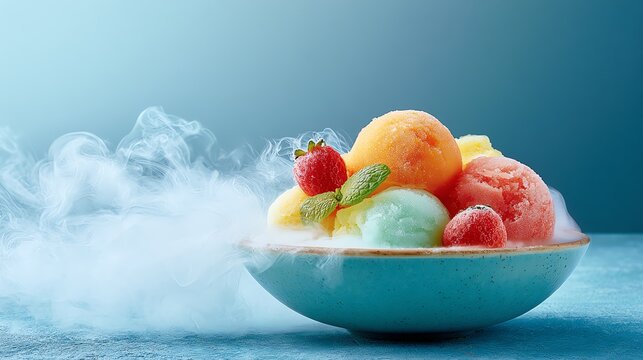 Commercial lifestyle concept Colorful fruit sorbets in a bowl with vapor modern online branding cinematic commercial presentation