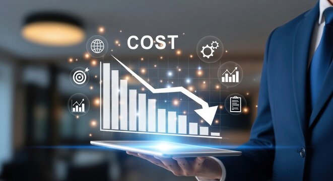 Businessman holding tablet with decreasing cost graph and icons