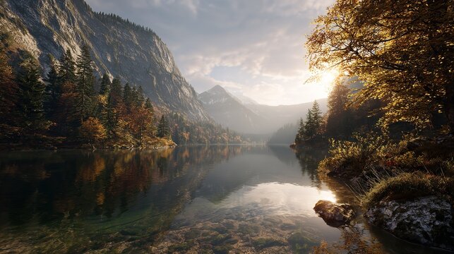 Fantastic autumn sunset of Hintersee lake scenic landscape