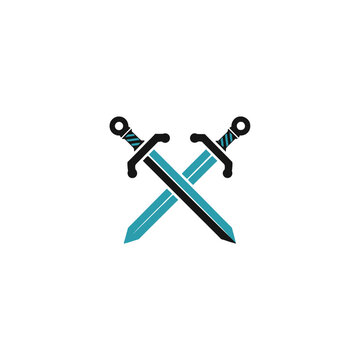Crossed swords with teal blades.