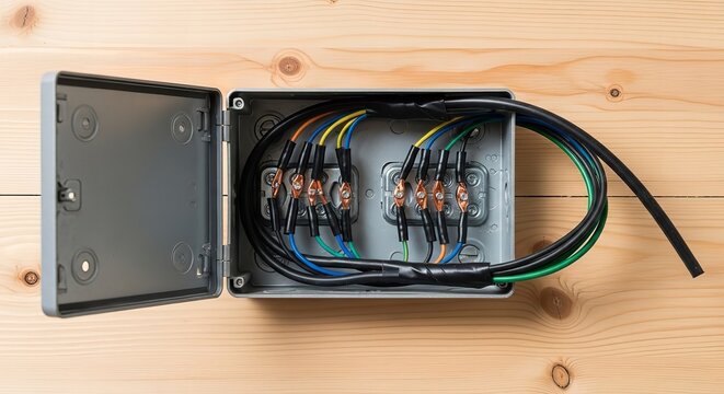 Open electrical junction box with colorful wires on wooden surface in workshop setting