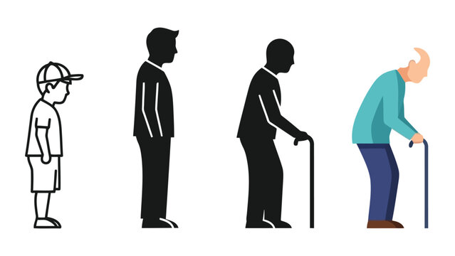 Vector illustration of four people at different life stages walking with mobility aids