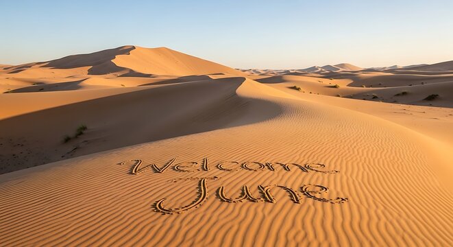 Welcome June message written in sand dunes under a clear blue sky