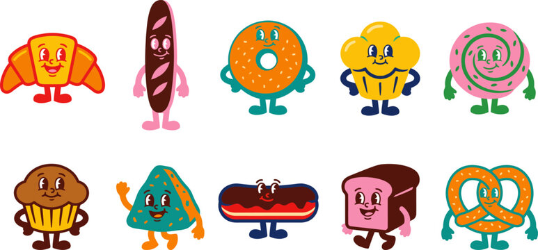 Colorful cartoon bakery food characters smiling and standing on white background