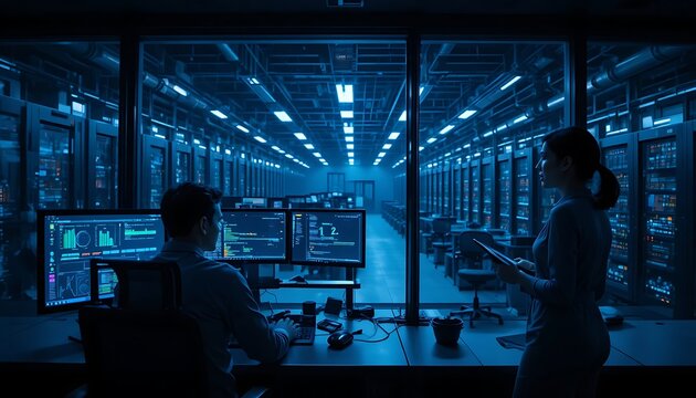 Professional Female Network Engineers Working with Multiple Computer Monitors in a High Tech Security Operations Control Room Overseeing a Modern Server Data Center Hallway