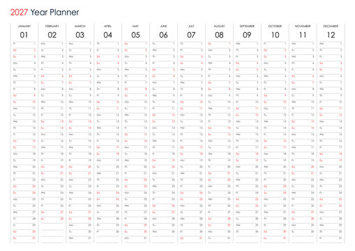English 2027 yearly planner calendar template with twelve months and company name space
