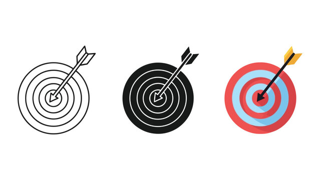 Target with arrow icons in line art, silhouette, and flat design styles