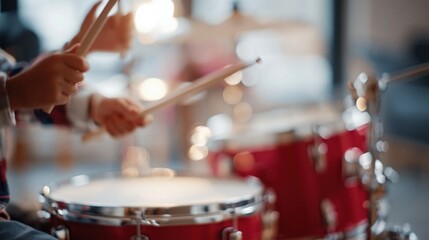 Obraz premium Close-up on hands holding drumsticks, blurred background with red drum kit and warm bokeh lights