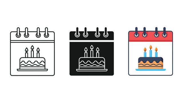 Birthday calendar date vector icon set with cake and candles