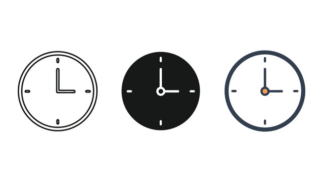 Set of three clock icons in line art solid and flat vector styles