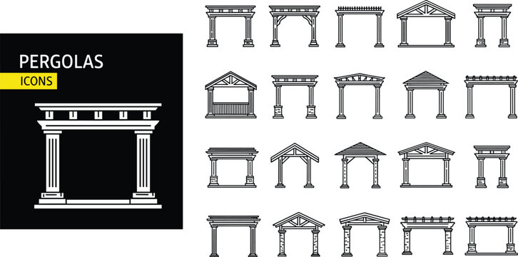 Classical pergola and garden pavilion line icon set featuring outdoor architectural structures, gazebo designs, patio roofing, columned arches, and backyard landscaping symbols.