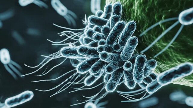 Microscopic 3D illustration of blue rod-shaped bacteria with multiple flagella tails swimming in a dark liquid environment towards a large textured green host cell or biological organism.