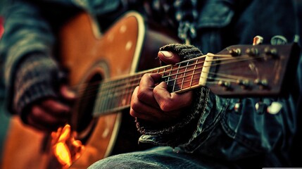 Fototapeta premium Close-up of a person playing an acoustic guitar with focused finger detail on the fretboard, evoking a sense of artistry and performance.