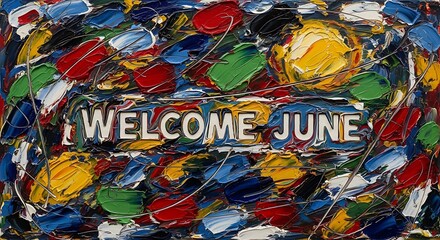 Fototapeta premium Colorful Mosaic Welcome June Summer Seasonal Greeting with Vibrant Tiles Background