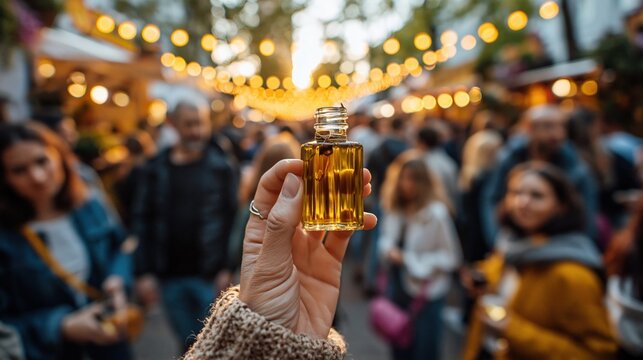 Hand holding small glass perfume bottle with golden liquid at outdoor market festival with bokeh lights