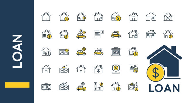 Loan icons, finance symbols, banking signs, money graphics, 40 icons isolated on White Background Editable EPS