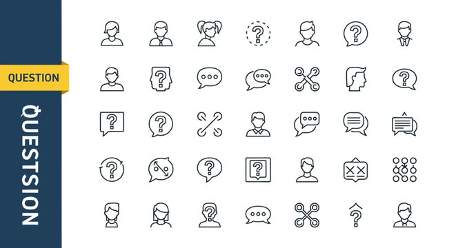 Question icons, 40 symbol set, line style, gray, vector questions, speech bubbles, people, thought, communication, chat, FAQ, inquiry, help isolated on White Background Editable EPS