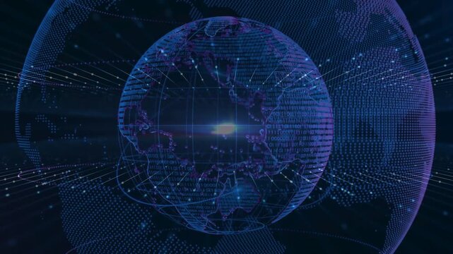 Futuristic digital globe surrounded by data lines and binary code numbers on dark blue backdrop.