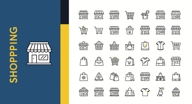 Shopping icons, ecommerce symbols, store signs, retail marks, vector graphics isolated on White Background Editable EPS