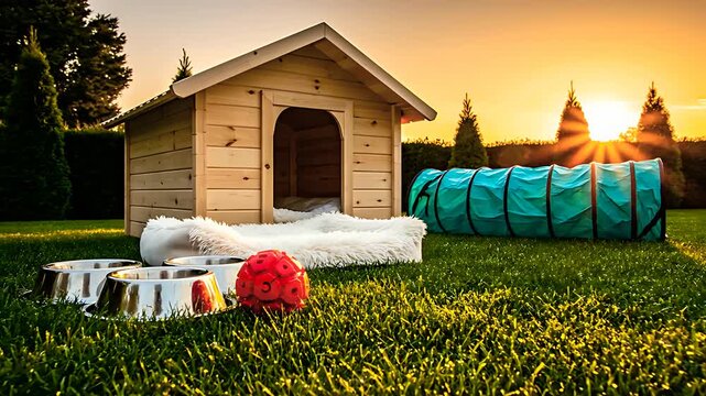 Wooden dog house and pet accessories on a green lawn at sunset. Comfortable plush bed, agility tunnel, bowls, and toy ball in a backyard. Luxury pet care and outdoor animal lifestyle concept.