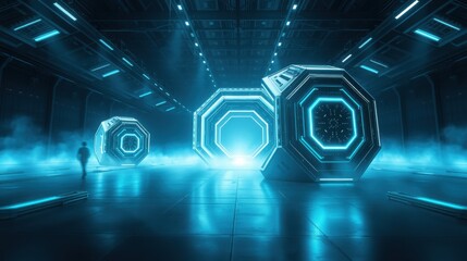 Fototapeta premium Futuristic corridor features glowing hexagonal structures. Dim lighting, fog create dramatic, scifi atmosphere. Person stands distant.