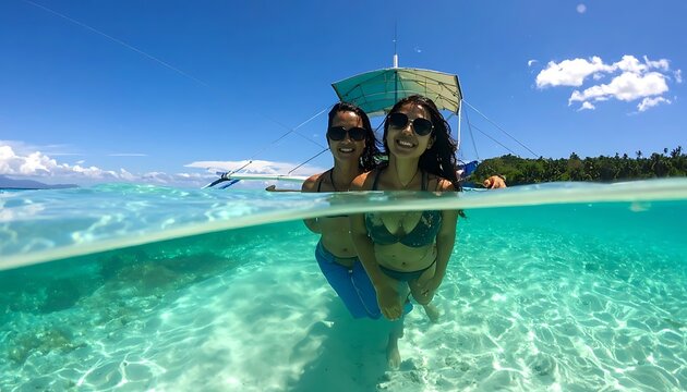 Two women in swimwear pose under and above crystal-clear turquoise water