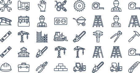 Construction and building tools line icon set with equipment, machinery, safety gear, workers, and construction site symbols © Nafij World