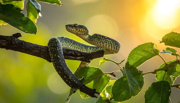 Snake on tree branch in sunlight.