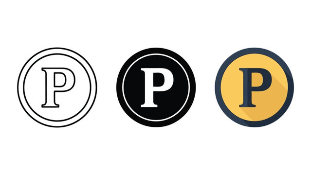 Three circular icons with the letter P, in outline, solid black, and flat design styles