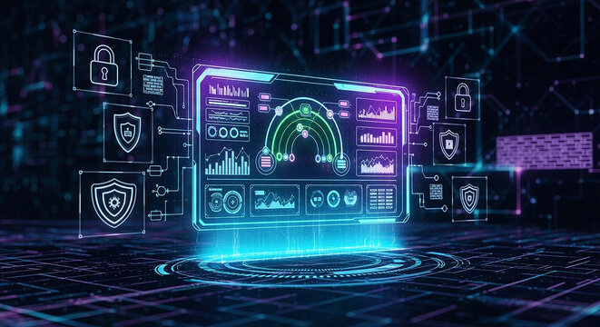 A futuristic digital dashboard with glowing blue and purple neon lights displays various security and data analysis graphs and charts on a dark background with circuit board patterns