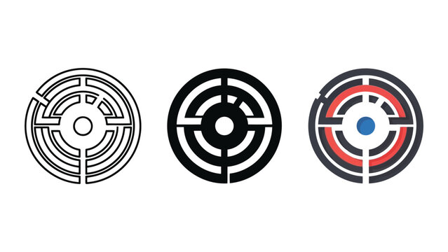 Circular maze vector illustration set with outline solid and colored labyrinth symbols