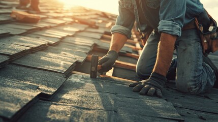 Fototapeta premium Roofer Kneeling on a Shingle Roof Installing New Material During Sunset