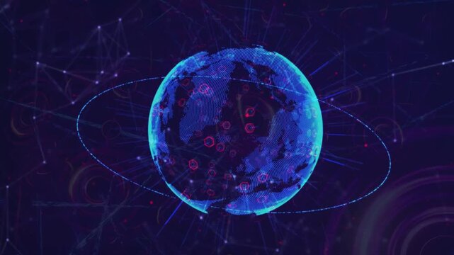 3D particle globe with glowing red hexagon data nodes and orbital ring in dark digital space.