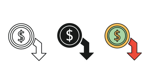 Dollar coin with downward arrow icon set