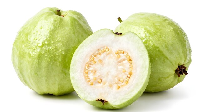 Fresh green guavas with water droplets on white background  healthy tropical fruit transparent background