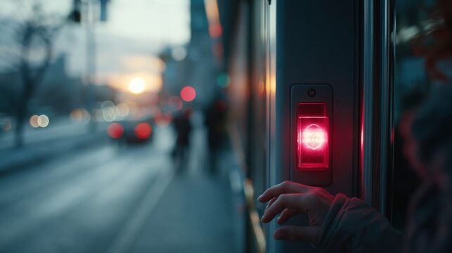 Close up of a hand pressing a red illuminated stop request button inside a public transport vehicle during twilight