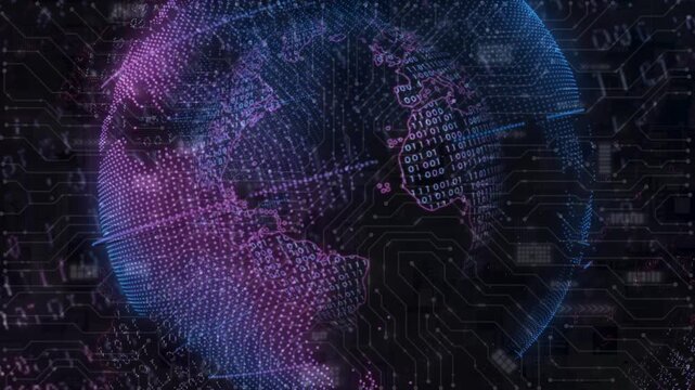Digital globe with binary code layers over a dark purple and blue motherboard circuit grid.