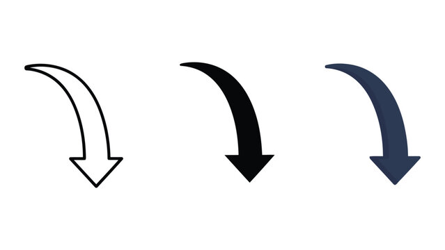 Three curved down arrows in different styles: outline, solid black, and solid dark blue
