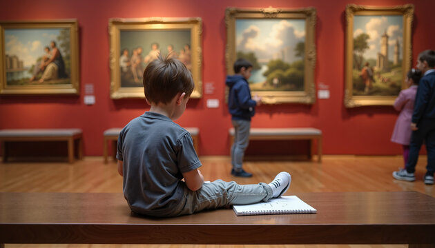 Child sketching in art gallery with warm lighting, creativity unleashed