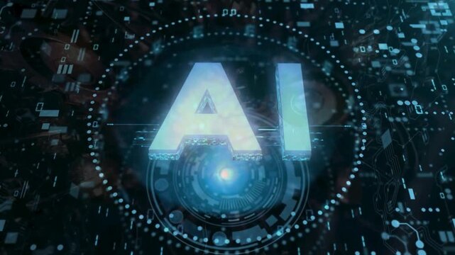 Glowing 3D AI text logo in a futuristic HUD digital interface with binary code elements.