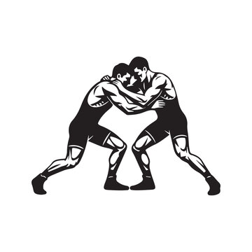 Silhouette of two wrestlers grappling in a match, martial arts vector illustration isolated on white background
