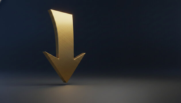 3D golden arrow pointing down on a dark background, symbolizing decline, decrease, or negative trend, perfect for financial or data visualization concepts