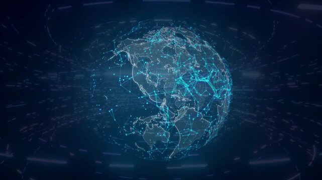 Digital wireframe earth planet glowing with active plexus lines and data connection network.