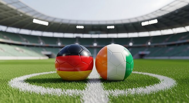 Soccer match concept featuring German and Ivory Coast flag balls on stadium grass